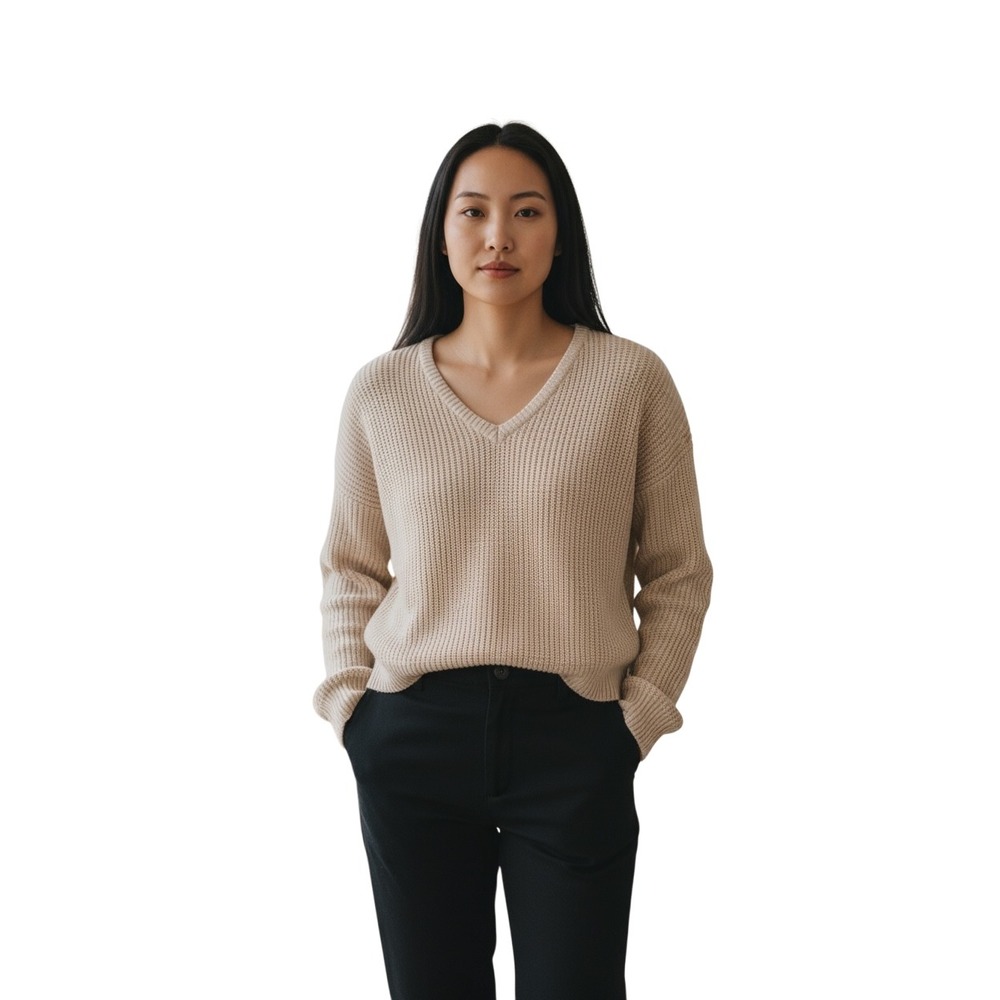 Brandy Melville Cream Ribbed VNeck Long Sleeve Sweater CottonBlend Made in Italy
